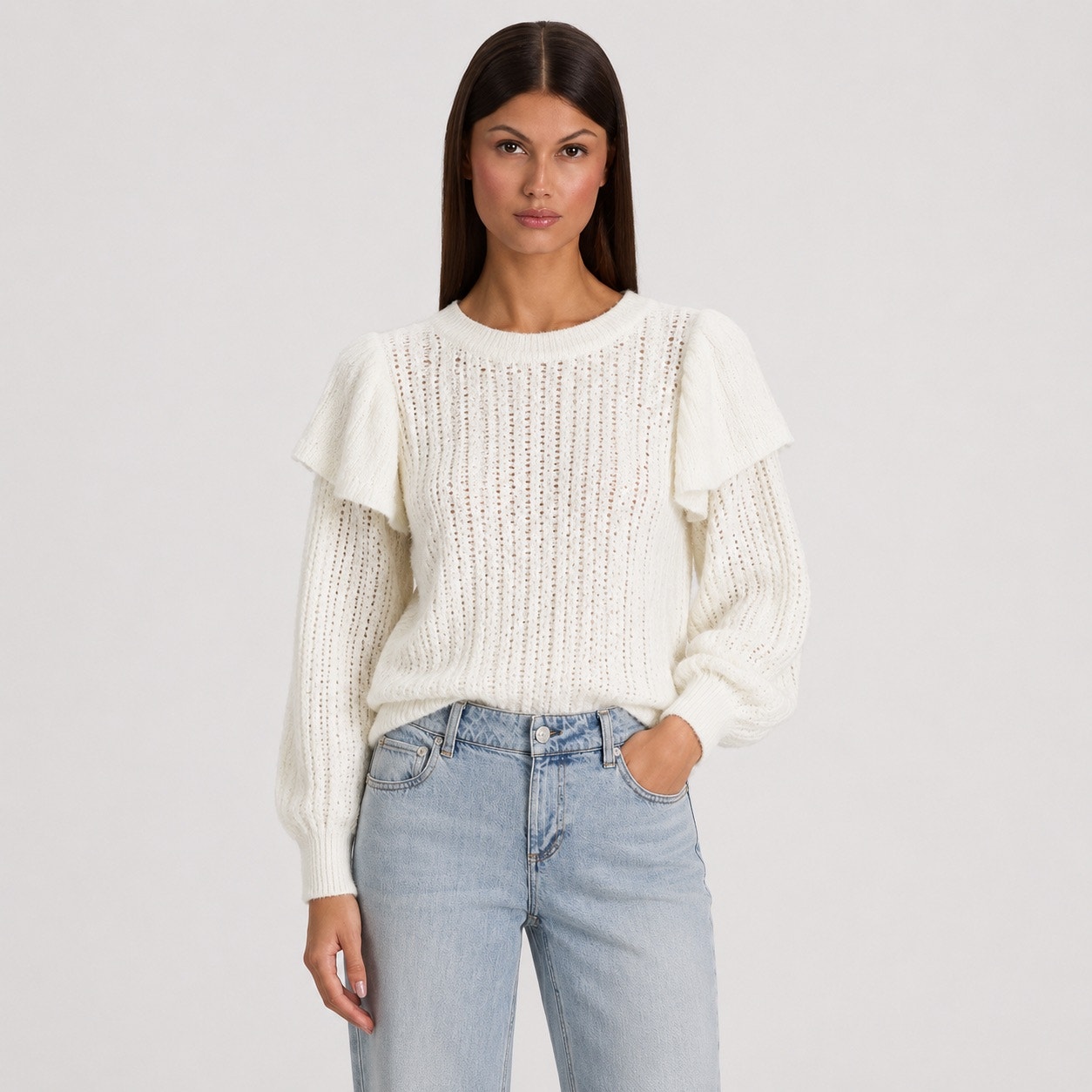 Alice Olivia Rosi Pearl Embellished Ruffle Wool Cable Knit Sweater M Nwt